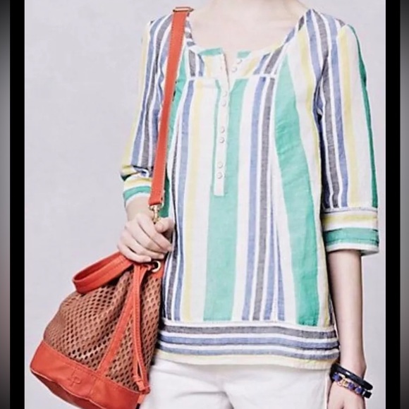 Anthro MERMAID Striped Linen Blouse Popover Peasant Top Shirt Blue Green Yellow - Picture 7 of 7